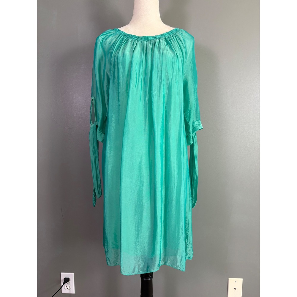 M Made in Italy Silk‎ Tunic Dress S Teal Off Shoulder Resort Breezy Flowy Chic